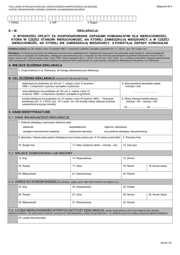 D - M (archiwalny) Deklaracja o wysokości opłaty za gospodarowanie odpadami komunalnymi, która w części stanowi nieruchomość zamieszkałą, a w części nieruchomość niezamieszkałą - Warszawa