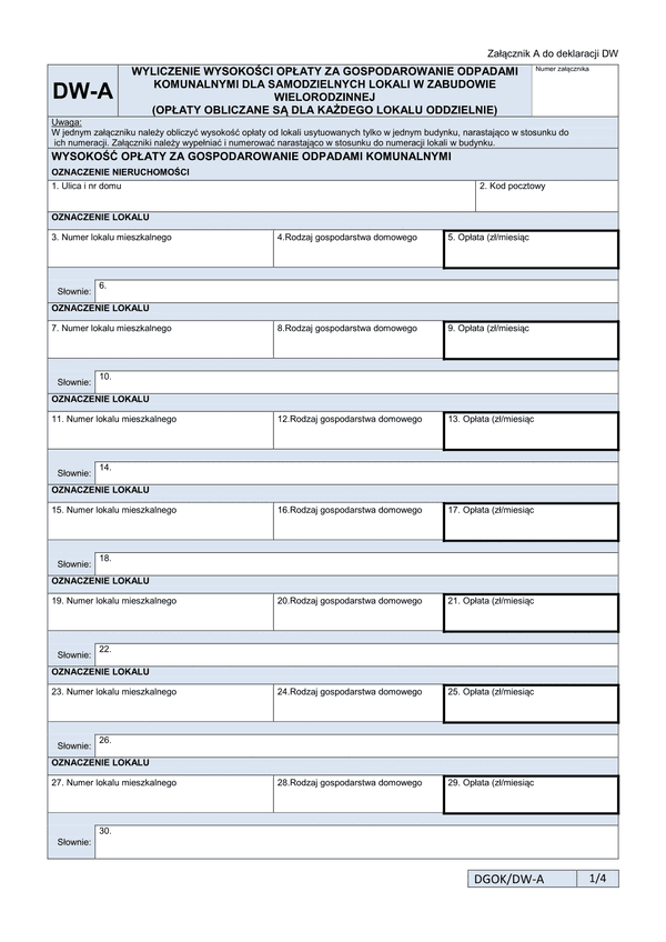 DW-A Wyliczenie wysokości opłaty za gospodarowanie odpadami komunalnymi dla samodzielnych lokali w zabudowie wielorodzinnej (opłaty obliczane są dla każdego lokalu oddzielnie) - załącznik do deklaracji DW - Kraków
