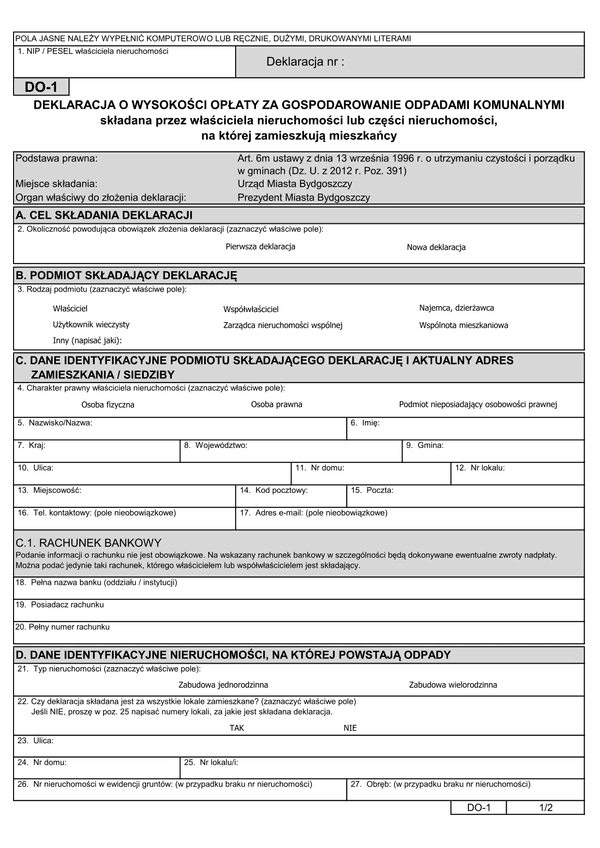 DO-1 B (1) (archiwalny) Deklaracja o wysokości opłaty za gospodarowanie odpadami komunalnymi nieruchomość zamieszkała - Bydgoszcz