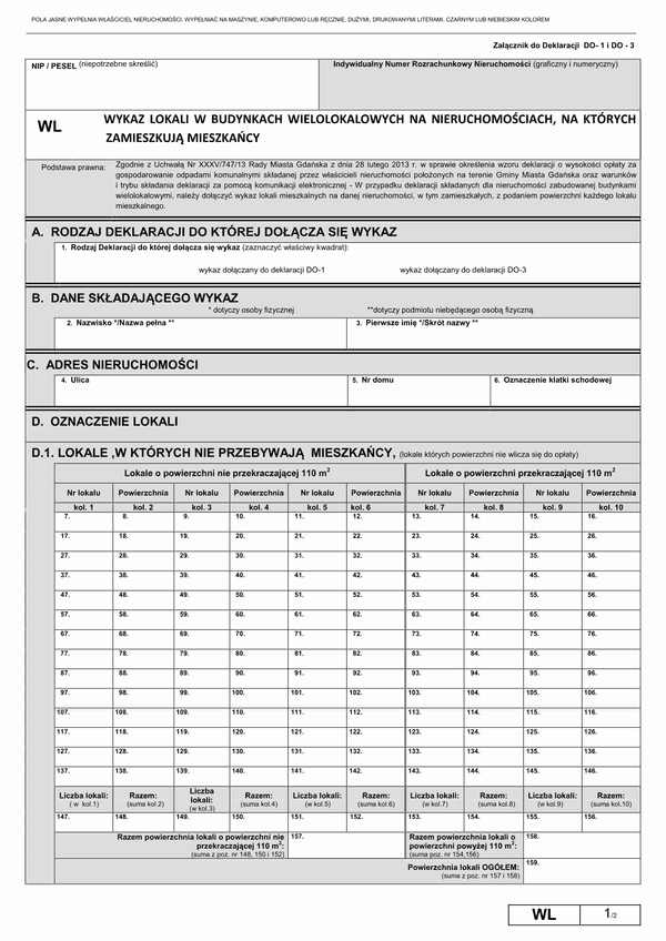 WL (archiwalny) Wykaz lokali w budynkach wielolokalowych na nieruchomościach, na których zamieszkują mieszkańcy załącznik do deklaracji o wysokości opłaty za gospodarowanie odpadami komunalnymi - Gdańsk