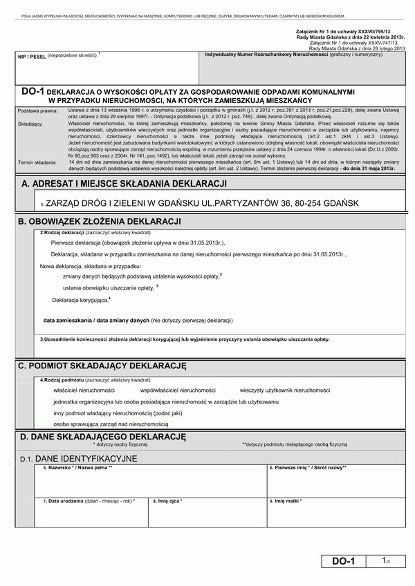 DO-1 G (archiwalny) Deklaracja o wysokości opłaty za gospodarowanie odpadami komunalnymi nieruchomość zamieszkała - Gdańsk