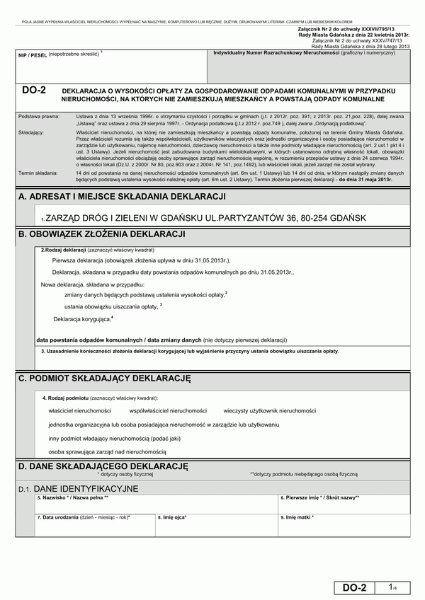DO-2 G (archiwalny) Deklaracja o wysokości opłaty za gospodarowanie odpadami komunalnymi nieruchomość niezamieszkała - Gdańsk
