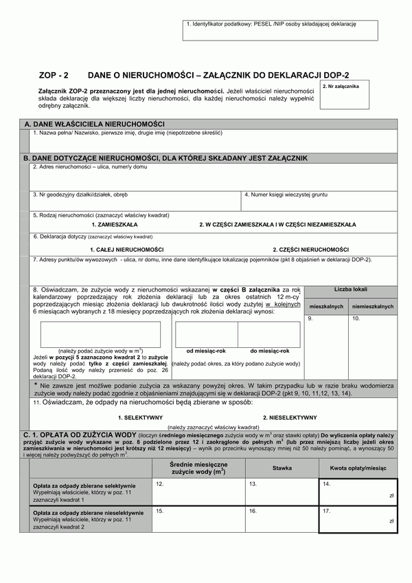 ZOP-2 (archiwalny) Dane o nieruchomości – załącznik do deklaracji o wysokości opłaty za gospodarowanie odpadami komunalnymi - DOP-2 Szczecin