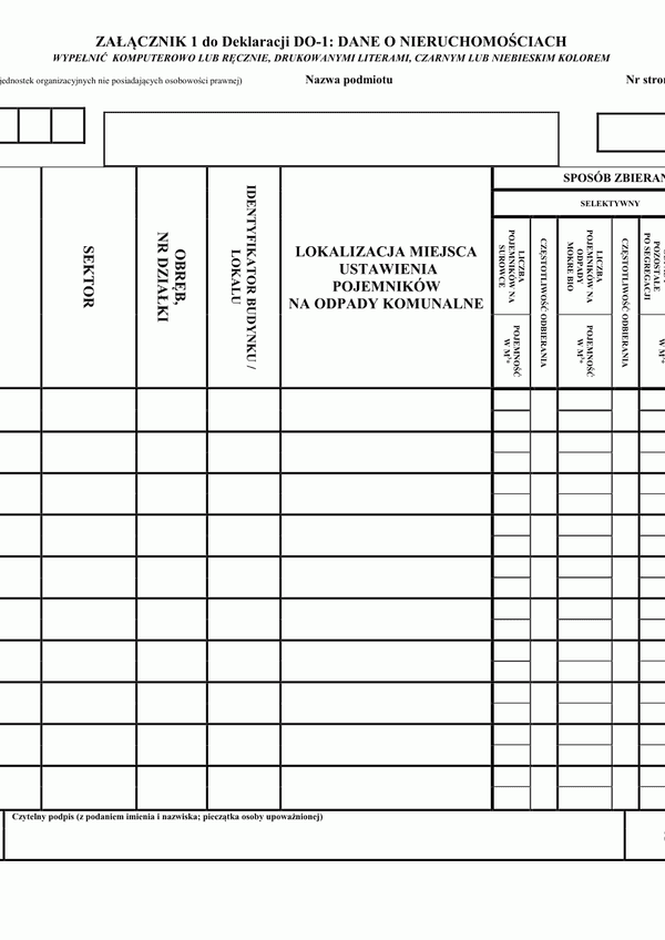 DO - 1 Ł(zal) (archiwalny) Dane o nieruchomościach – załącznik do deklaracji o wysokości opłaty za gospodarowanie odpadami komunalnymi DO - 1 - Łódź