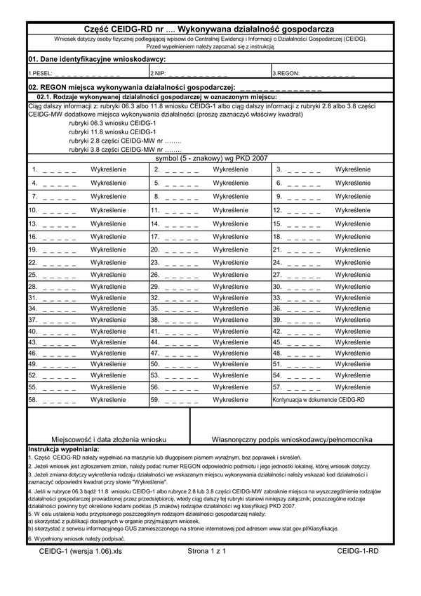 CEIDG-RD (1.06) (archiwalny) Wykonywana działalność gospodarcza