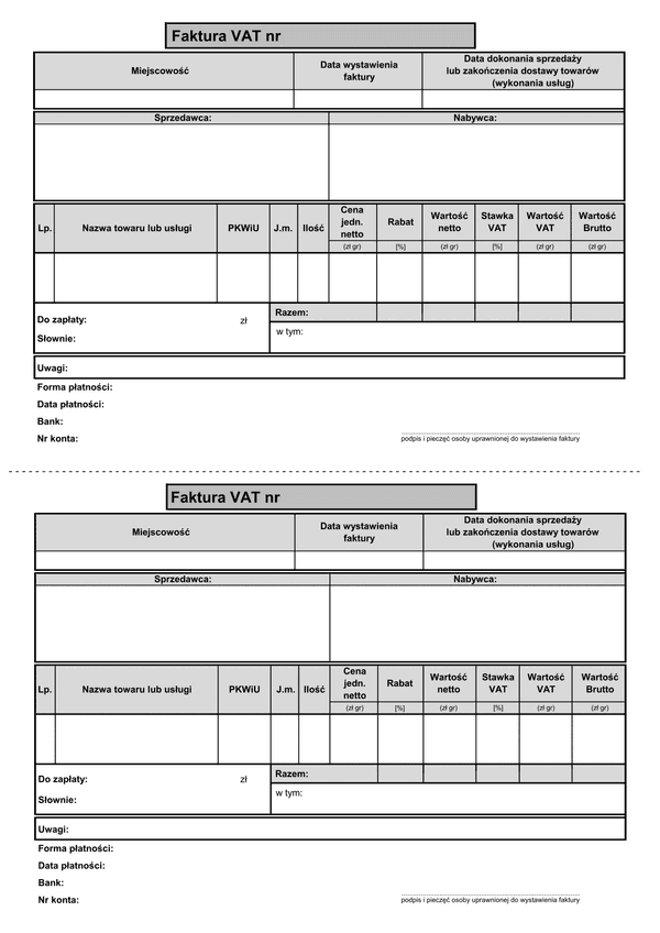 FV (n1 A5) (od 2013) (archiwalny) Faktura VAT netto (liczona od cen jednostkowych netto - 1 pozycja format A5)