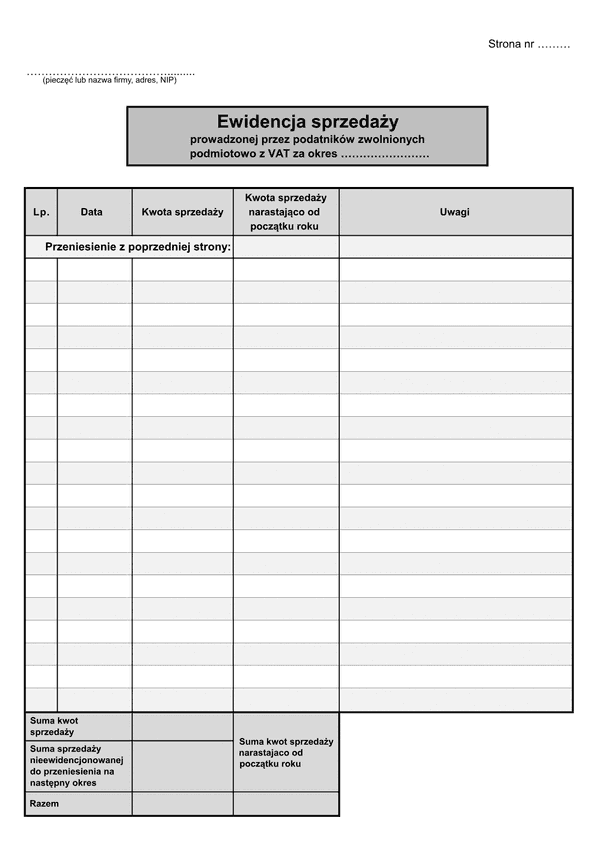 ESprz (archiwalny) Ewidencja sprzedaży prowadzonej przez podatników zwolnionych podmiotowo z VAT