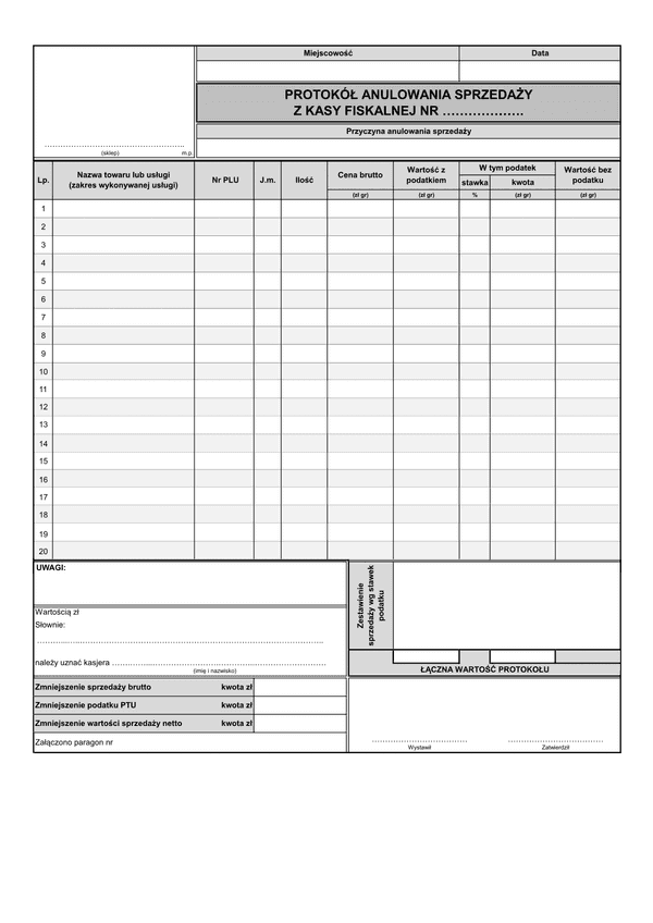 PASKF (archiwalny) Protokół anulowania sprzedaży z kasy fiskalnej