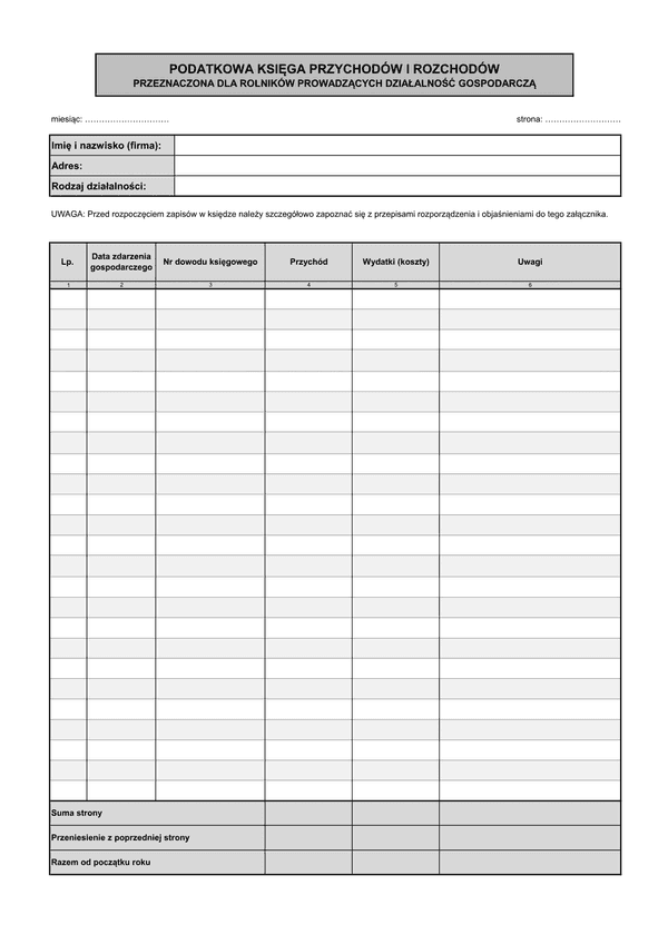 KPiR-R (archiwalny) Podatkowa Księga Przychodów i Rozchodów przeznaczona dla rolników prowadzących działalność gospodarczą