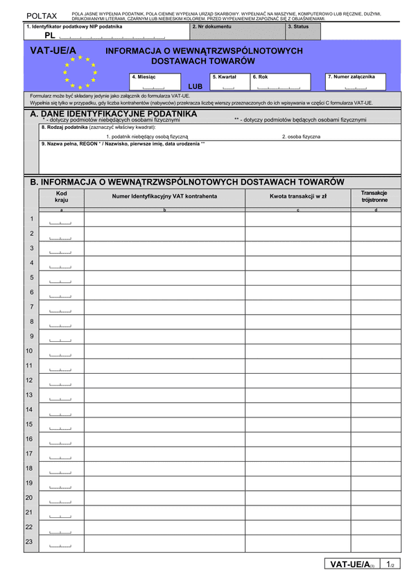 VAT-UE/A (3) (archiwalny) Informacja o wewnątrzwspólnotowych dostawach towarów