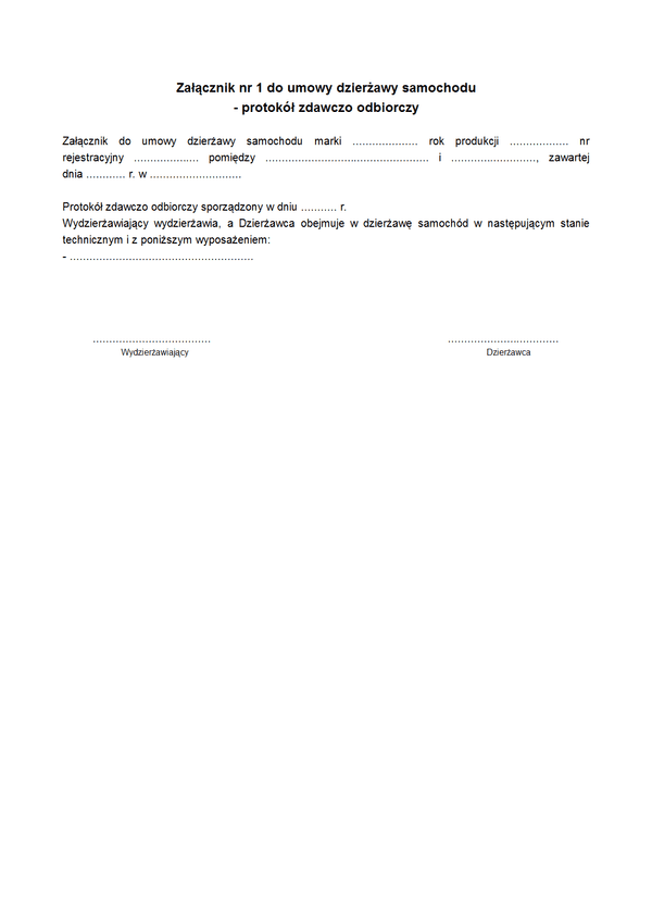 UDS-zal 1 Załącznik nr 1 do umowy dzierżawy samochodu  - protokół zdawczo odbiorczy