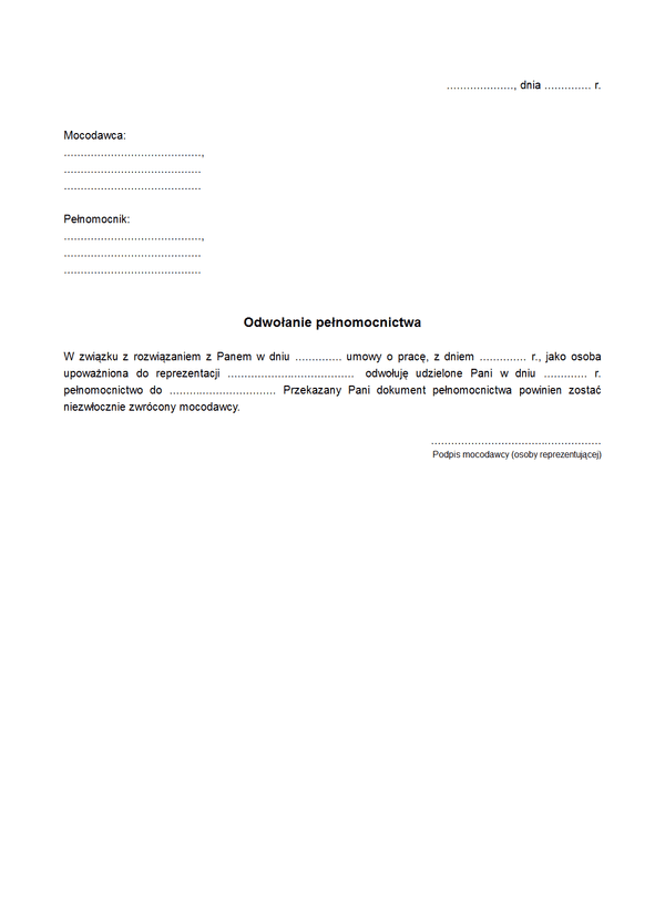 OPPrac Odwołanie pełnomocnictwa w związku z rozwiązaniem umowy o pracę