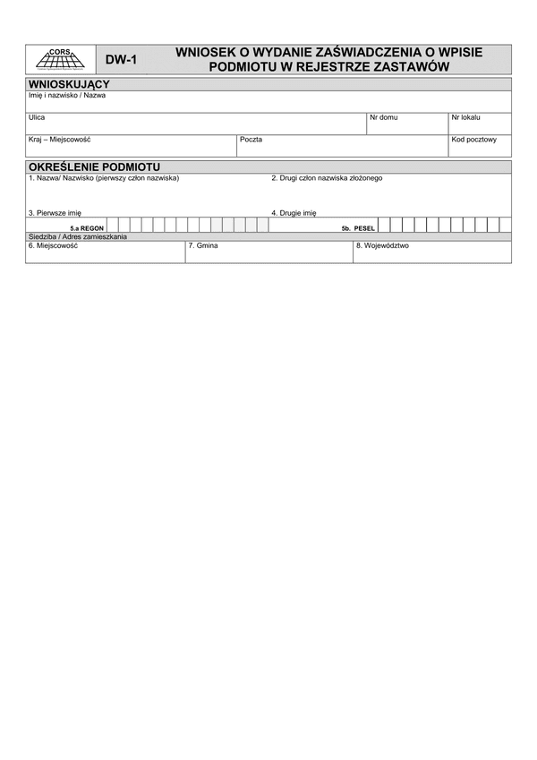 DW-1 Wniosek o wydanie zaświadczenia o wpisie podmiotu w rejestrze zastawów