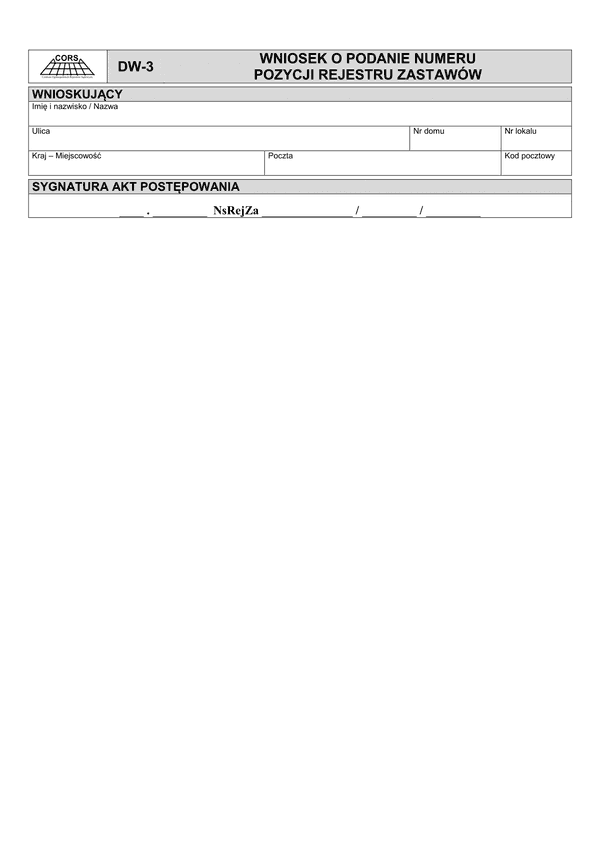 DW-3 Wniosek o podanie numeru pozycji rejestru zastawów