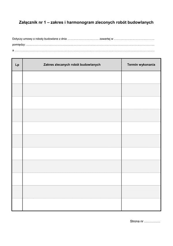 UoRB-zal1 Zakres i harmonogram zleconych robót budowlanych - załącznik nr 1 do umowy o roboty budowlane