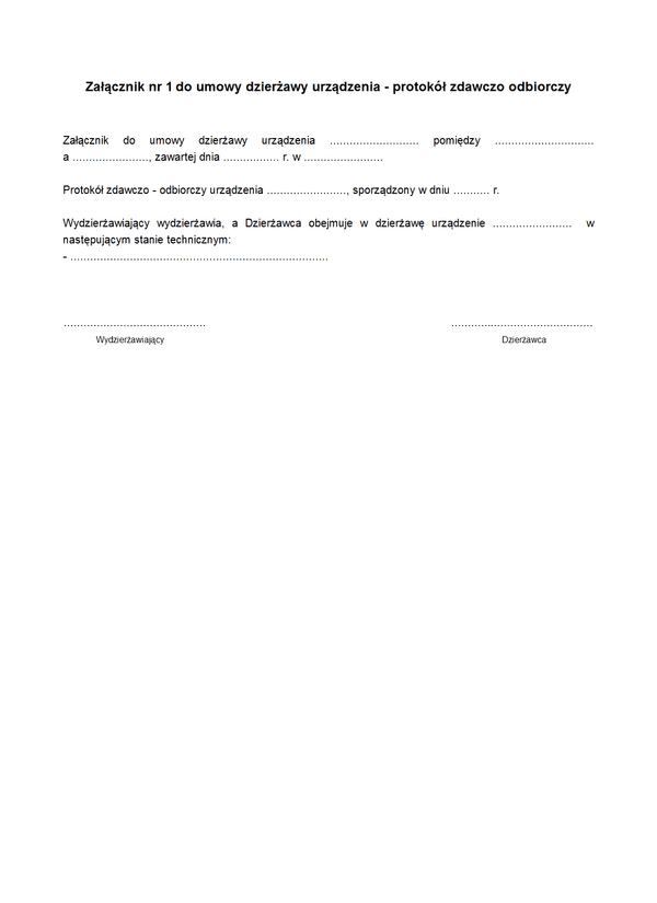UDU-zal1 Załącznik nr 1 do umowy dzierżawy urządzenia - protokół zdawczo odbiorczy