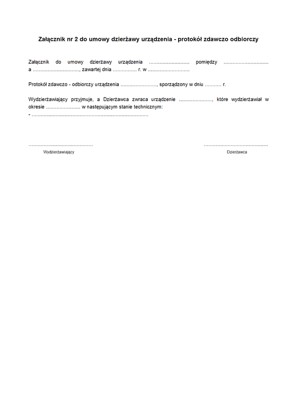 UDU-zal2 Załącznik nr 2 do umowy dzierżawy urządzenia - protokół zdawczo odbiorczy