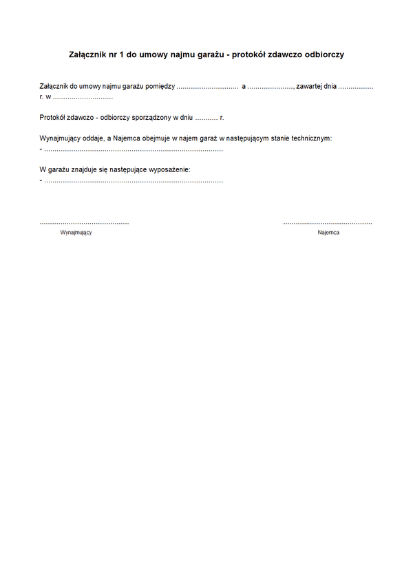 UNG-zal1 Załącznik nr 1 do umowy najmu garażu - protokół zdawczo odbiorczy