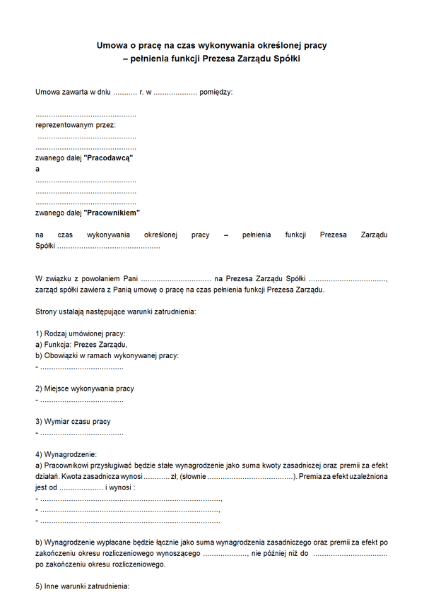 UOPPZS (archiwalny) Umowa o pracę na czas wykonywania określonej pracy – pełnienia funkcji Prezesa Zarządu Spółki