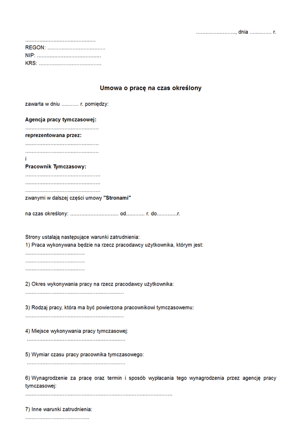 UPCO (archiwalny) Umowa o pracę na czas określony (Agencja pracy tymczasowej)