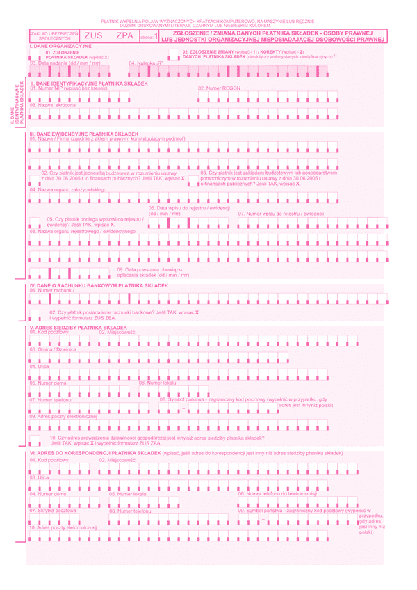 ZUS ZPA  (archiwalny) Zgłoszenie/zmiana danych płatnika składek - osoby prawnej lub jednostki organizacyjnej nieposiadającej osobowości prawnej