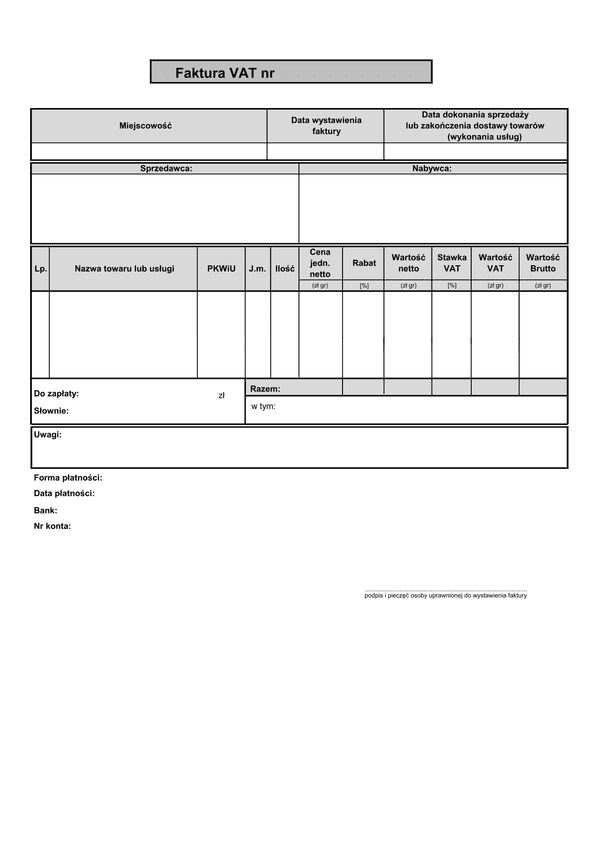 FV (n1 A4) (od 2013) (archiwalny) Faktura VAT netto (liczona od cen jednostkowych netto - 1 pozycja format A4)