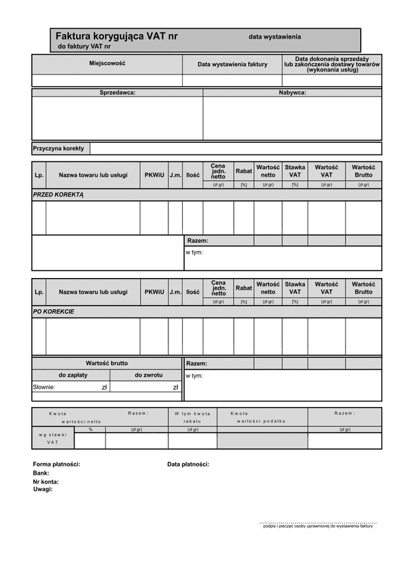 FVKOR(n1) (od 2013) (archiwalny) Faktura korygująca VAT netto (1 pozycja)