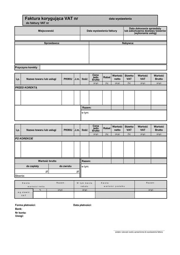 FVKOR(b1) (od 2013) (archiwalny) Faktura korygująca VAT brutto (1 pozycja)