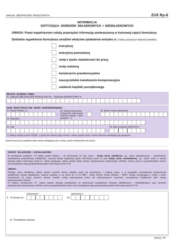 ZUS RP-6  (archiwalny) Informacja dotycząca okresów składkowych i nieskładkowych