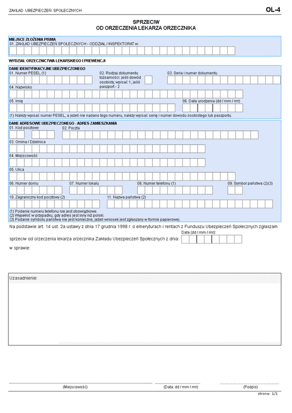 ZUS OL-4 (archiwalny) Sprzeciw do orzeczenia lekarza orzecznika