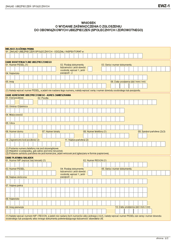 ZUS EWZ-1 (archiwalny) Wniosek o wydanie zaświadczenia o zgłoszeniu do obowiązkowych ubezpieczeń (społecznych i zdrowotnego)
