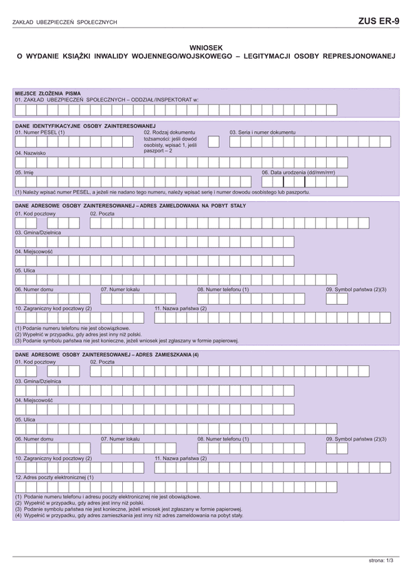 ZUS ER-9 (archiwalny) Wniosek o wydanie książki inwalidy wojennego/wojskowego – legitymacji osoby represjonowanej