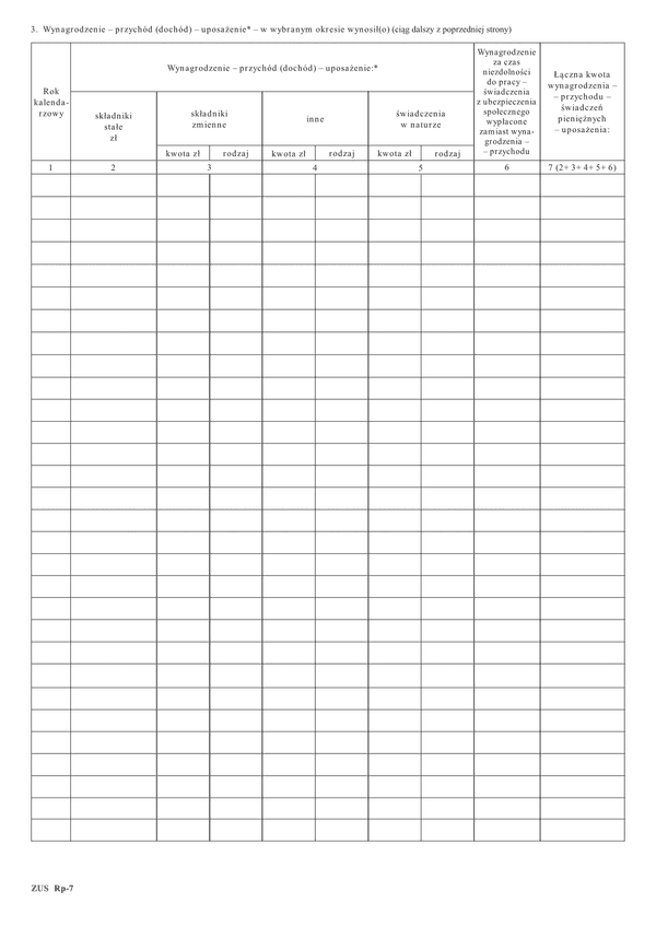 ZUS RP-7 (zal) (archiwalny) Zaświadczenie o zatrudnieniu i wynagrodzeniu - ciąg dalszy tabeli dotyczącej wynagrodzenia-przychodu-świadczeń pieniężnych-uposażenia