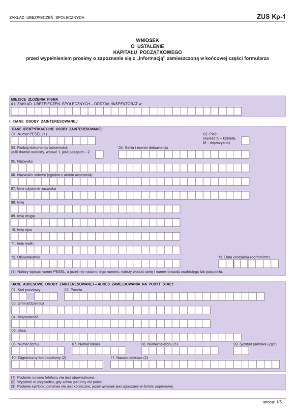 ZUS KP-1 (archiwalny) Wniosek o ustalenie kapitału początkowego