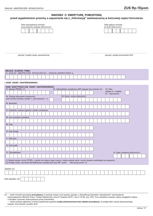 ZUS RP-1EPOM (archiwalny) Wniosek o emeryturę pomostową
