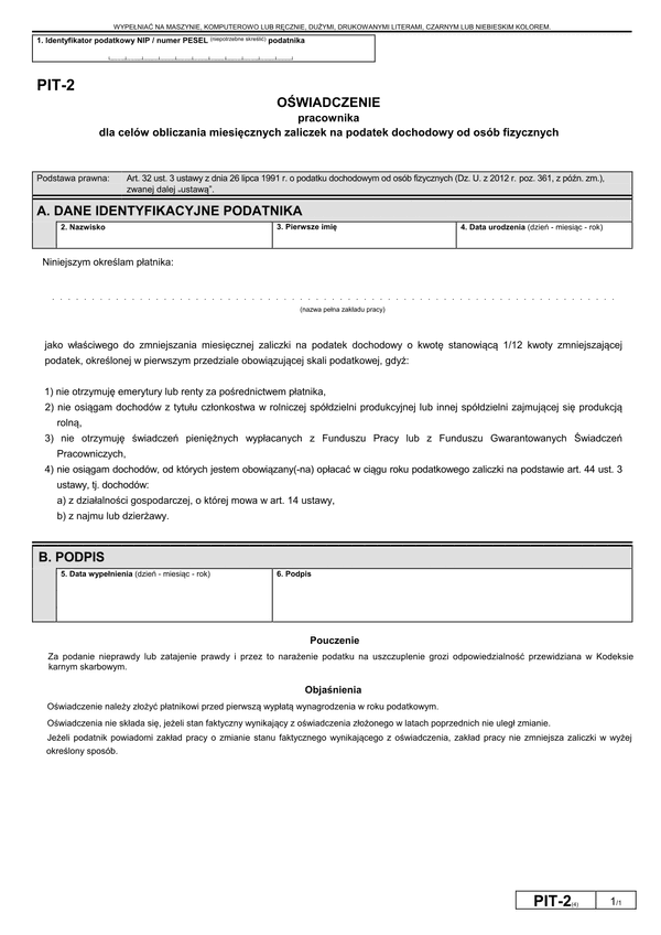 PIT-2 (4) (archiwalny) (2013 - 2016) Oświadczenie pracownika dla celów obliczania miesięcznych zaliczek na podatek dochodowy od osób fizycznych
