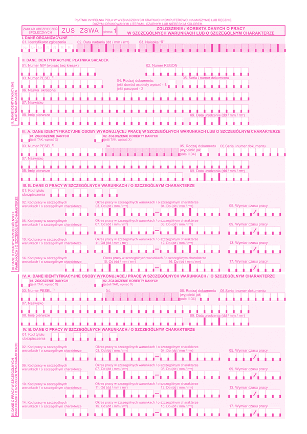 ZUS ZSWA Zgłoszenie / korekta danych o pracy w szczególnych warunkach lub o szczególnym charakterze