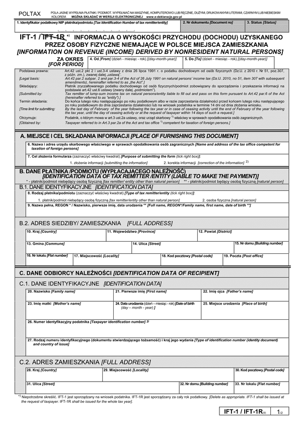 IFT-1 (9) (od 2012) (archiwalny) Informacja o wysokości przychodu (dochodu) uzyskanego przez osoby fizyczne niemające w Polsce miejsca zamieszkania