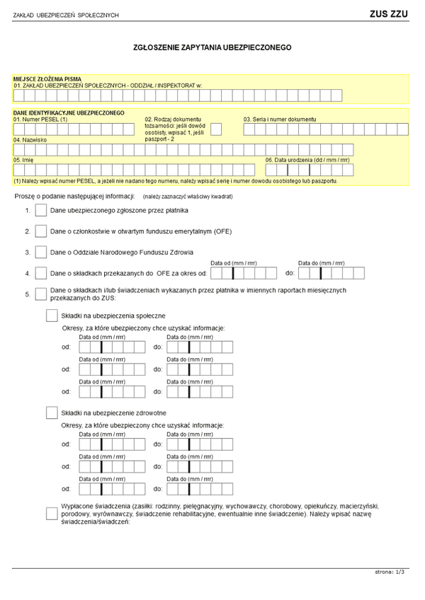 ZUS ZZU (archiwalny) (od 2013) Zgłoszenie zapytania ubezpieczonego