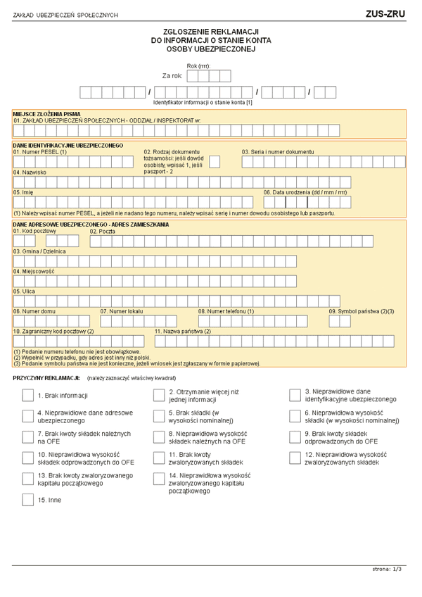 ZUS-ZRU (archiwalny) (od 2013) Zgłoszenie reklamacji do informacji o stanie konta osoby ubezpieczonej