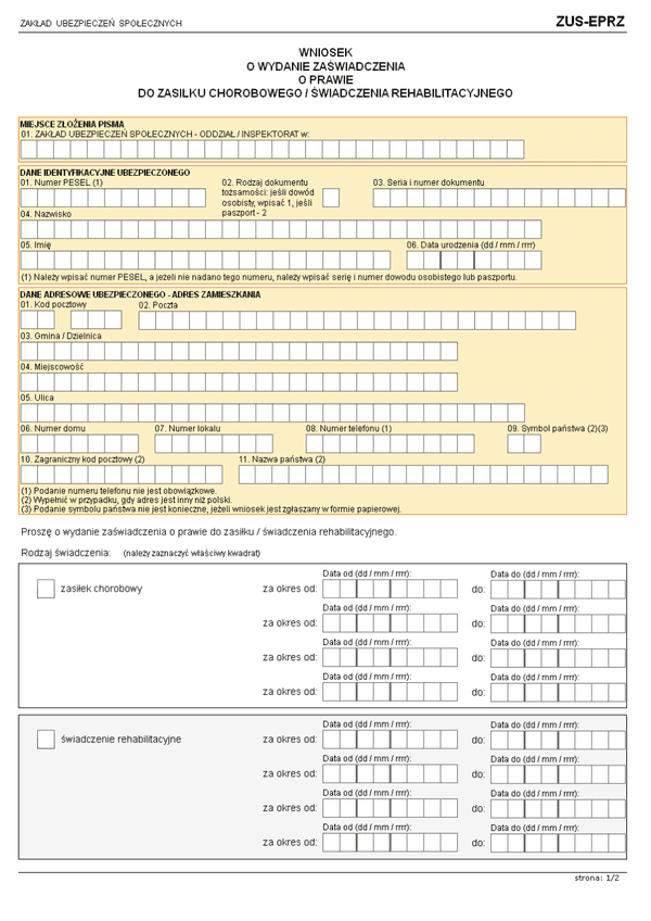 ZUS-EPRZ (archiwalny)  Wniosek o wydanie zaświadczenia o prawie do zasiłku chorobowego / świadczenia rehabilitacyjnego