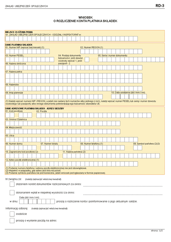 ZUS RD-3 (archiwalny)  Wniosek o rozliczenie konta płatnika składek