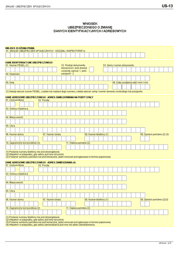 ZUS US-13 (archiwalny) Wniosek ubezpieczonego o zmianę danych identyfikacyjnych/adresowych