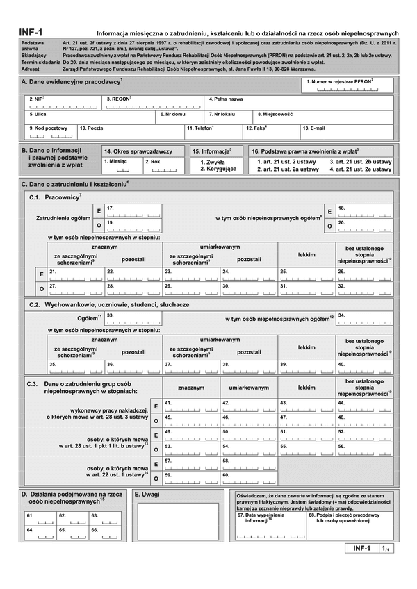 PFRON INF-1 (archiwalny) Informacja miesięczna o zatrudnieniu, kształceniu lub o działalności na rzecz osób niepełnosprawnych