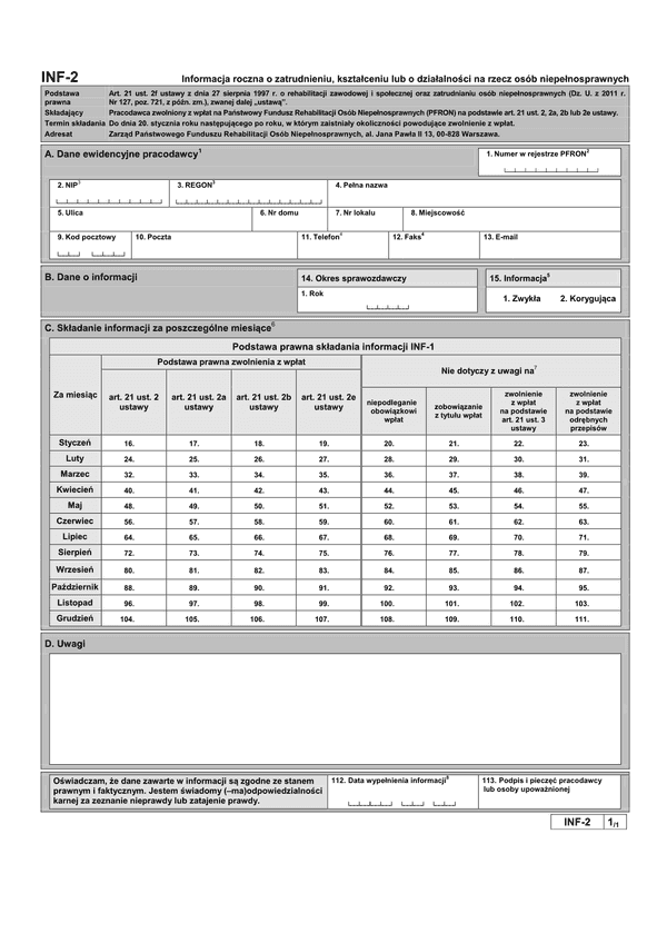 PFRON INF-2 (archiwalny) Informacja roczna o zatrudnieniu, kształceniu lub o działalności na rzecz osób niepełnosprawnych