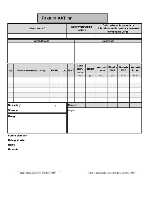 FV(n5) (od 2013) (archiwalny) Faktura VAT netto (liczona od cen jednostkowych netto - 5 pozycji)