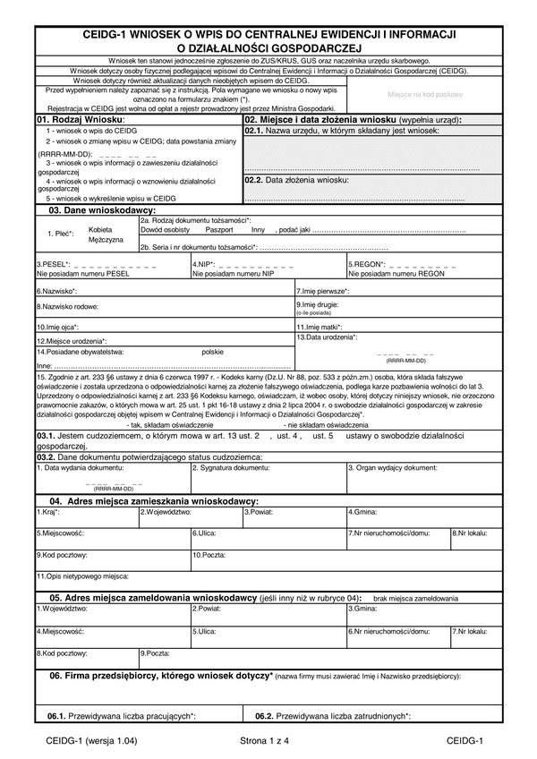 CEIDG-1 (1.04) (archiwalny) Wniosek o wpis do centralnej ewidencji i informacji o działalności gospodarczej
