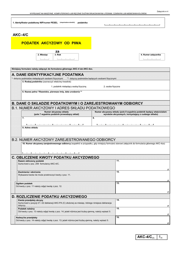 AKC-4/C (4) (archiwalny) (od 2013) Podatek akcyzowy od piwa