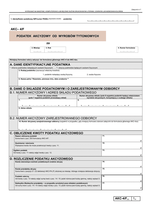 AKC-4/F (4) (archiwalny) (od 2013) Podatek akcyzowy od wyrobów tytoniowych