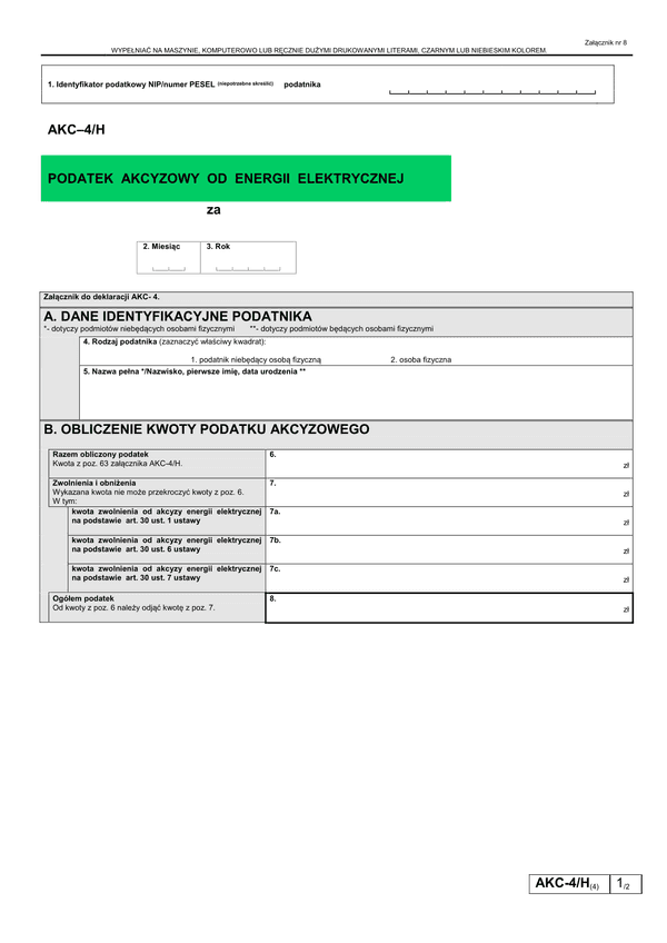 AKC-4/H (4) (archiwalny) (od 2013) Podatek akcyzowy od energii elektrycznej